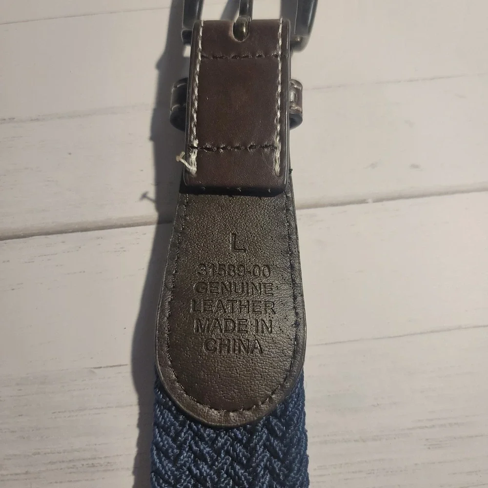 Navy‎ Blue Canvas Woven Belt Large Brown Leather Preppy Casual Business
